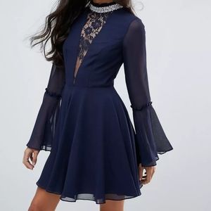 ASOS Tall Embellished Frill Neck Fluted Sleeve Mini Dress